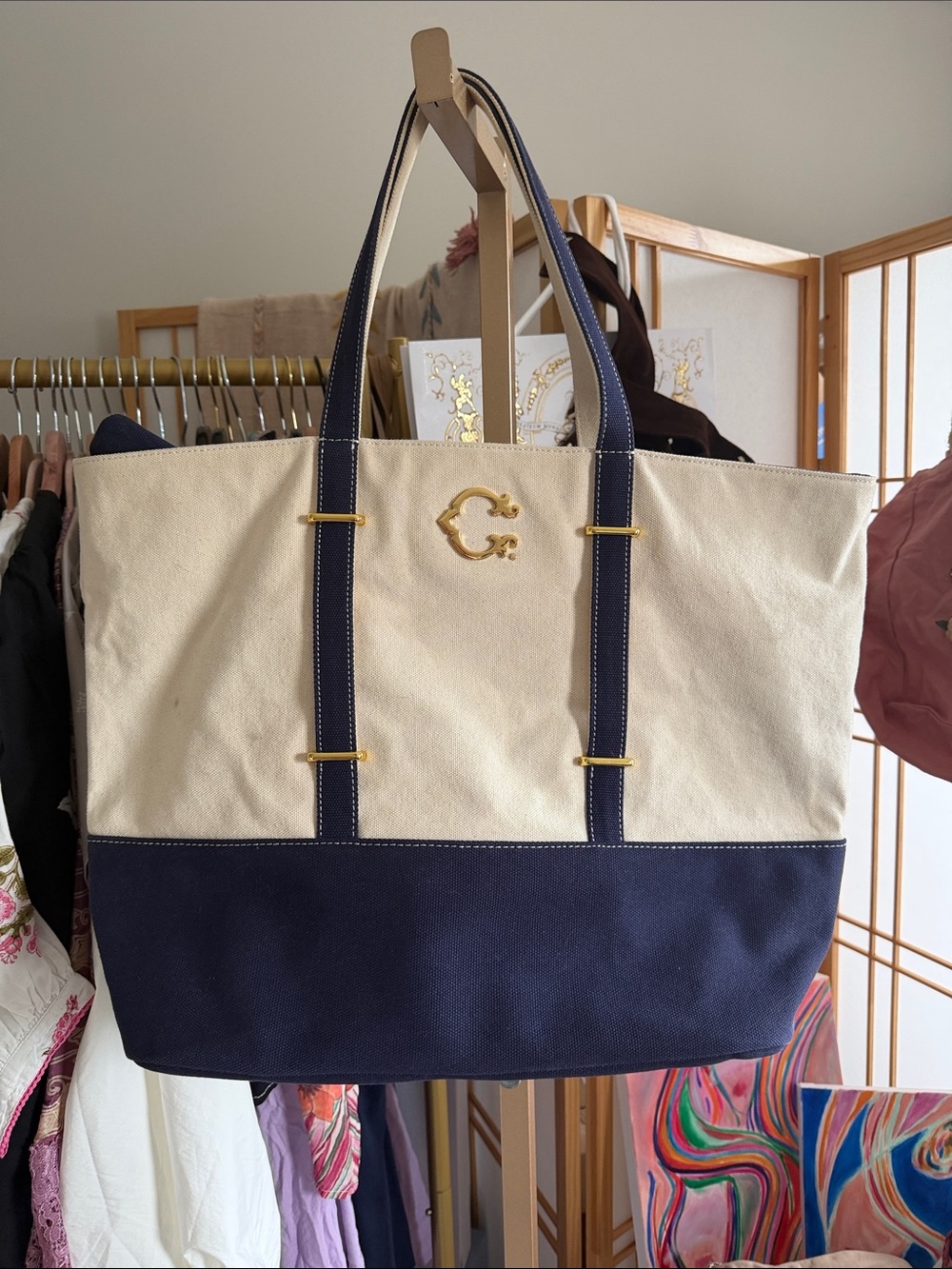 C. Wonder Canvas Tote Bag Navy Ivory Large Zip Top Gold Logo Shopper Beach Bag